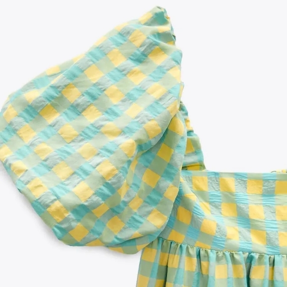 Zara Long Check Print Dress Panelled Puff Sleeve Green Yellow Blue - Medium - Picture 2 of 11
